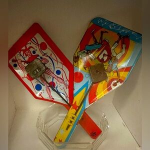 Vintage MCM Party Tin Litho 2 Noisemakers Set  Joker Jester & Musicians USA Made